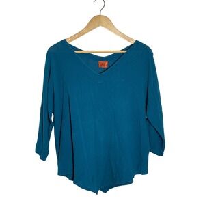 Oh My Gauze Teal Blue Cotton V-Neck 3/4 Sleeve Blouse Top Size 2 L/XL